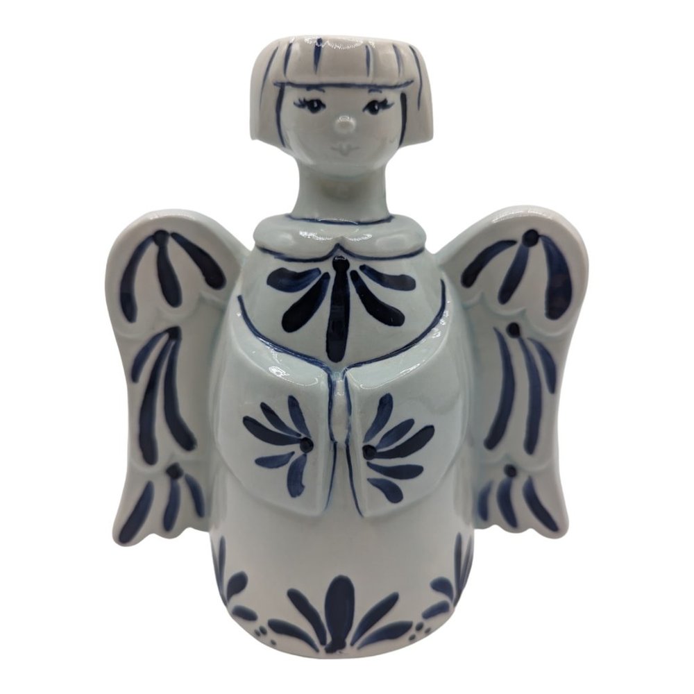 Vintage Blue & White Art Pottery Angel Taper Candle Holder Signed - Picture 1 of 9
